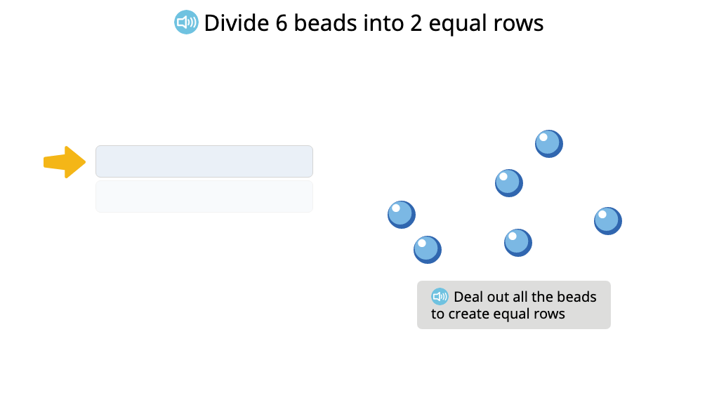 Arrange a group of objects into an array and compose a division equation based on the model