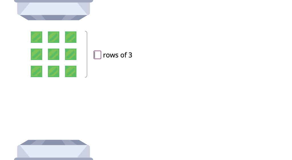 Label arrays with equations to show the distributive property of multiplication by 3 (Part 1)