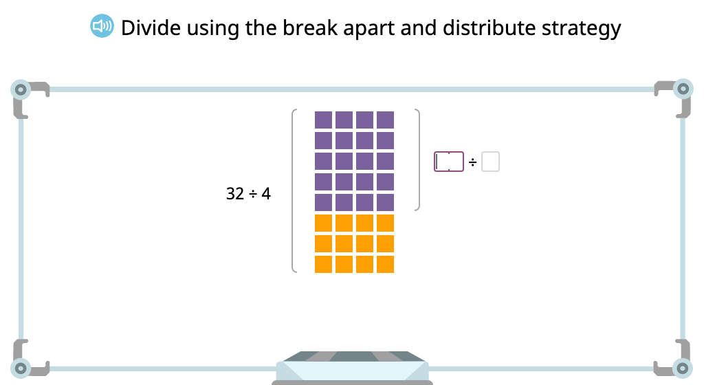 Solve a division equation based on an array by using the distributive property of division