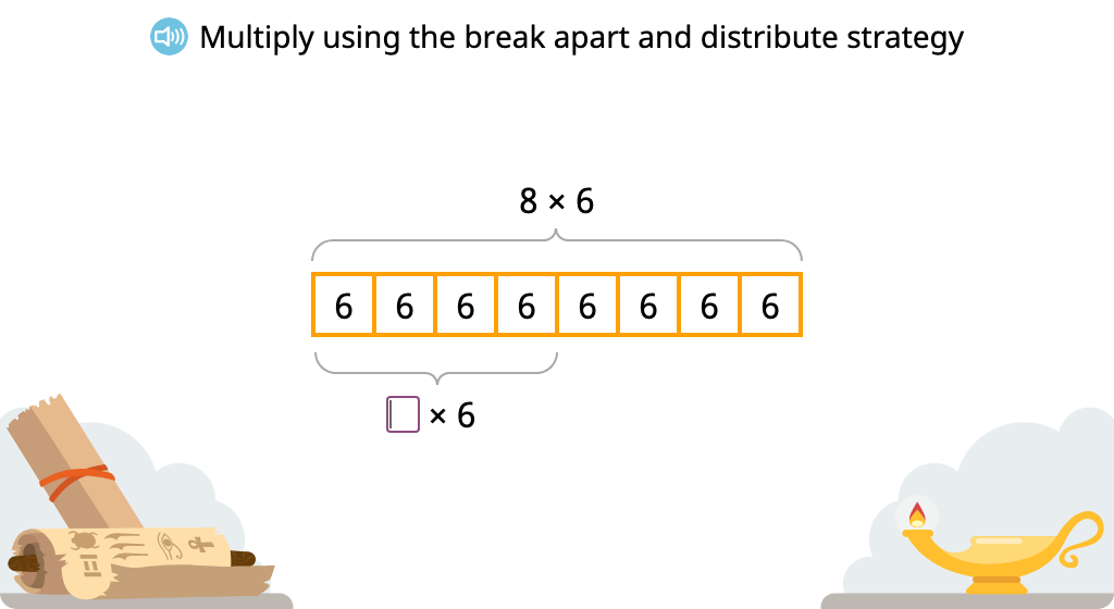 Solve multiplication equations using the break apart and distribute strategy