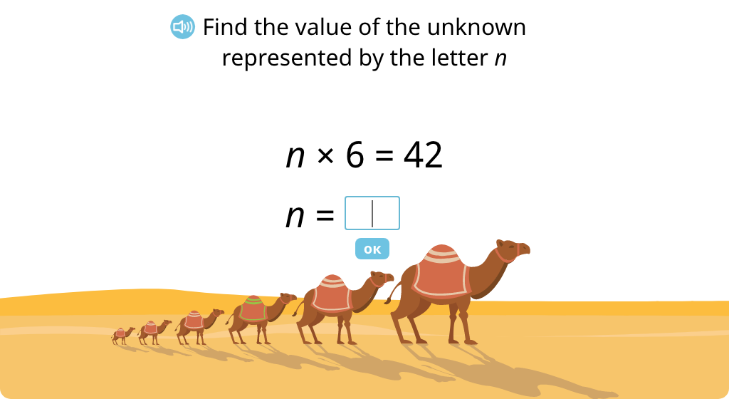 Solve for an unknown represented by a letter in multiplication equations