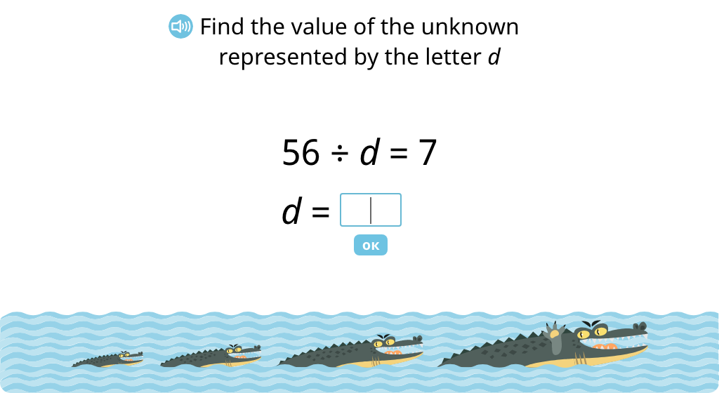 Solve for an unknown represented by a letter in division equations