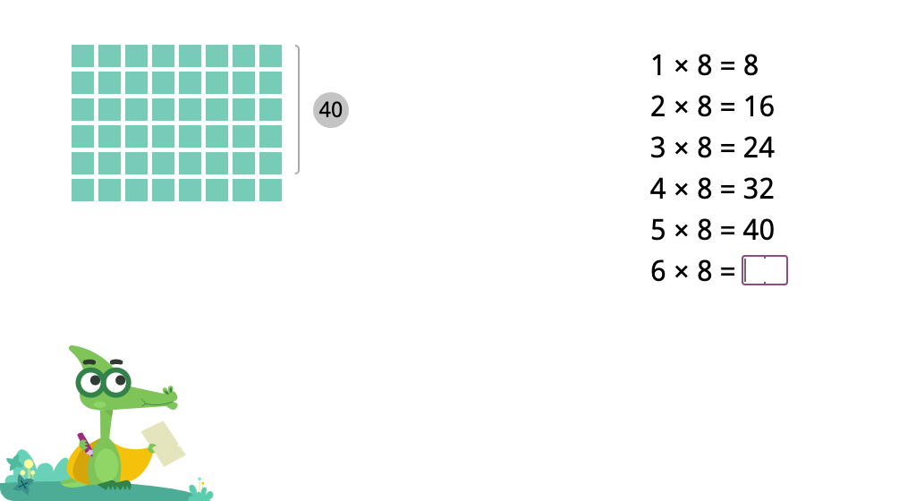 Determine products of 8 in a times table with and without an array model