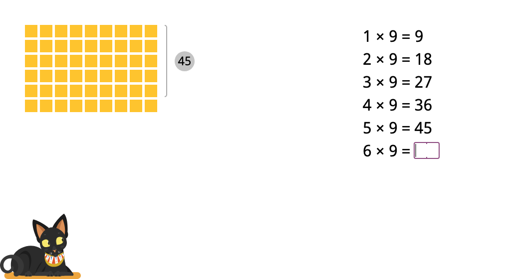 Determine products of 9 in a times table with and without an array model