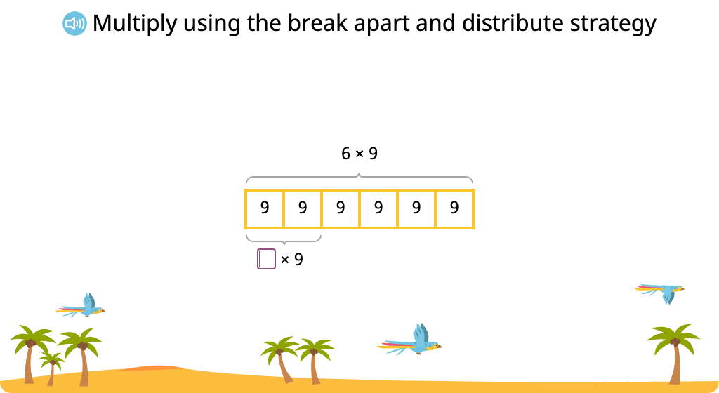 Solve multiplication equations using the break apart and distribute strategy