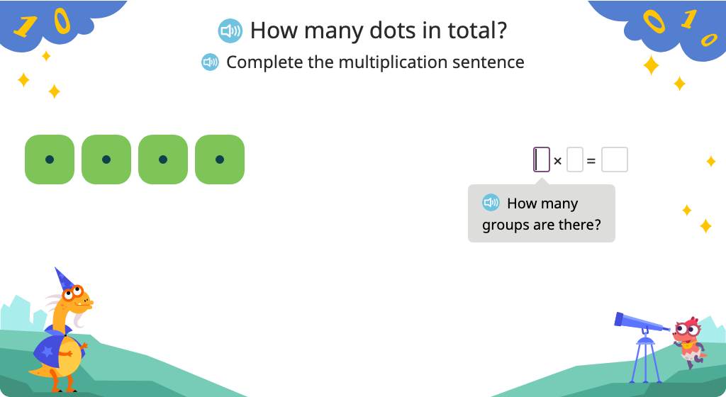 Compose a multiplication sentence (including n x 0) to represent a model