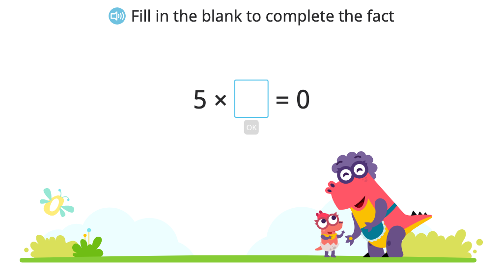 Solve for an unknown (represented by a letter) in multiplication and division problems that include 0