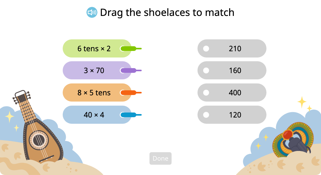 Match numeric products to multiplication equations that use numbers and words (n tens)