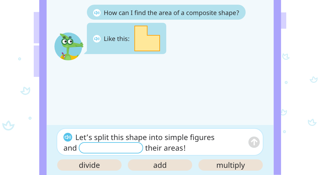 Determine area of a composite shape by splitting it into two rectangles and adding the areas (Part 1)