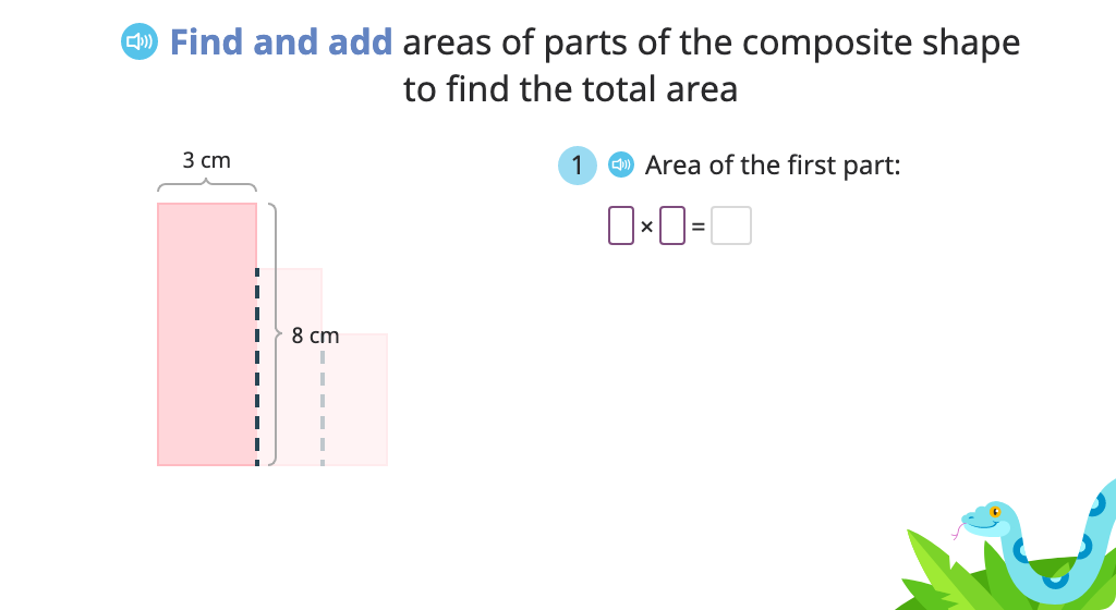 Determine area of a composite shape by splitting it into two rectangles and adding the areas (Part 2)