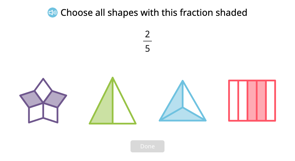 Identify figures that have a given fraction shaded and fractions that represent the shaded part of a figure