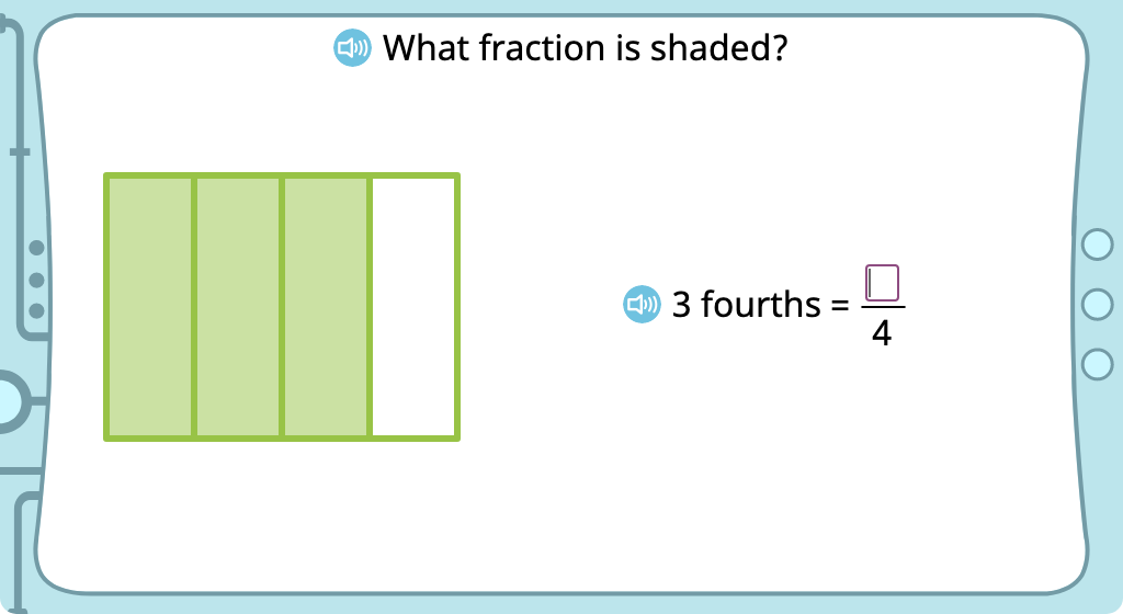 Write a fraction to identify the shaded part of a figure (Level 1)