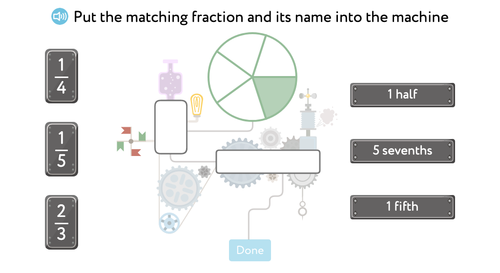 Label the shaded part of a figure with a fraction written in standard form and word form