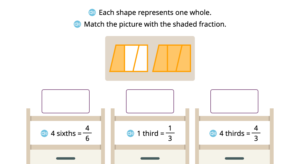 Label a set of figures whose shading represents an improper fraction