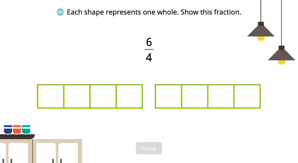 Divide and shade a set of figures to represent an improper fraction