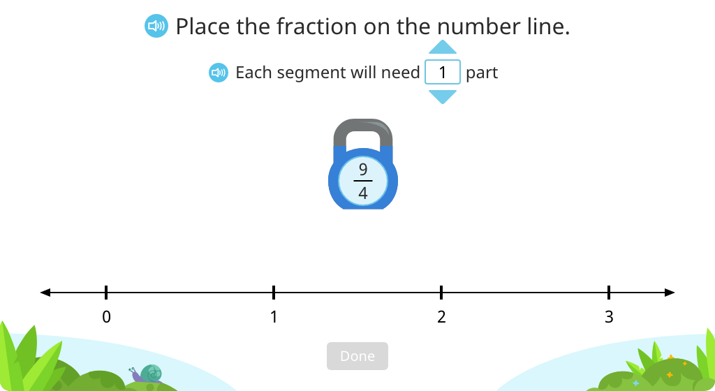 Segment a number line into fractions and place a given fraction (greater than 1) on the number line