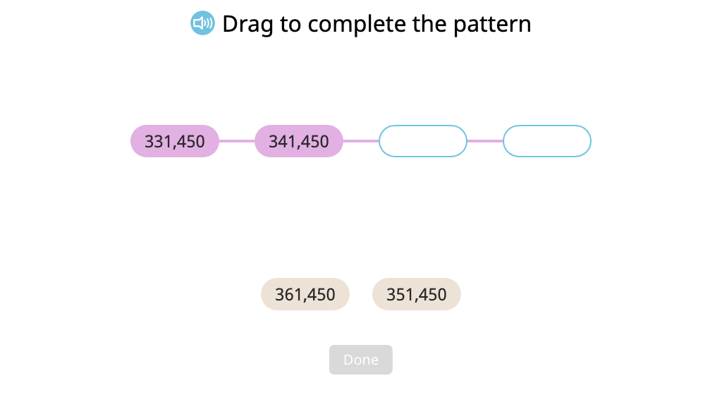 Order numbers in a pattern increasing or decreasing by 1,000 or 10,000 (Level 1)