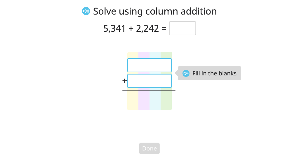 Add two 4-digit numbers with and without regrouping in two places using column addition and a disk model