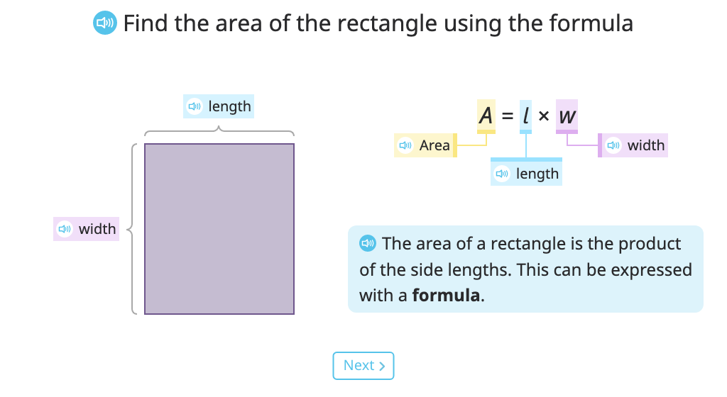 Identify the formula for area of a rectangle and use it to solve a problem