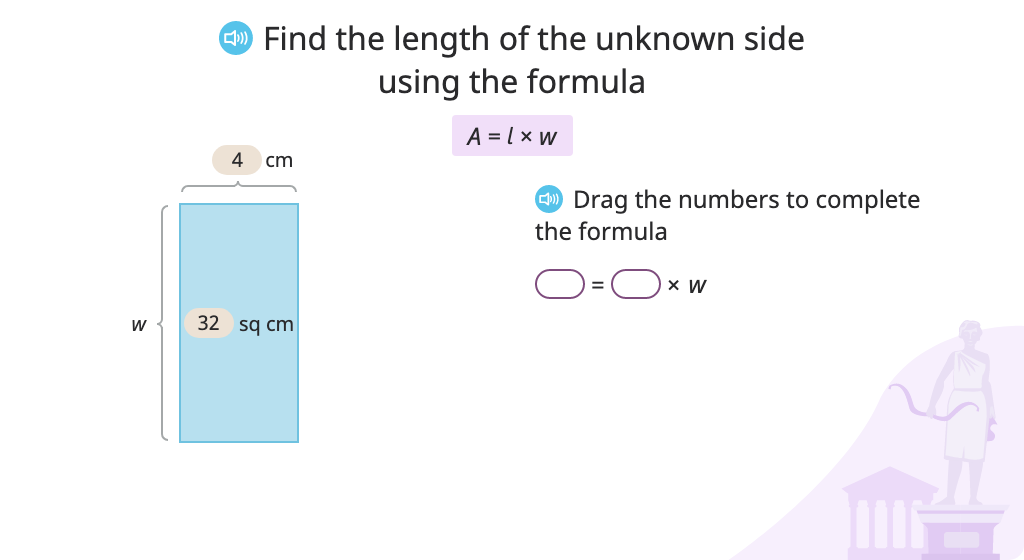 Determine the side length of a rectangle based on its area and width using the formula