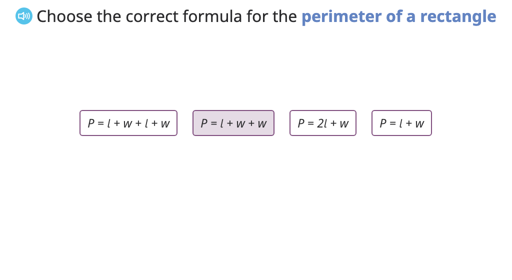 Identify the formula for perimeter of a rectangle