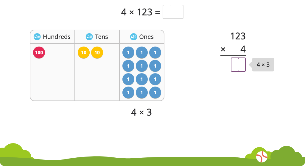 Solve a multiplication equation with regrouping using partial products with and without and a disk model
