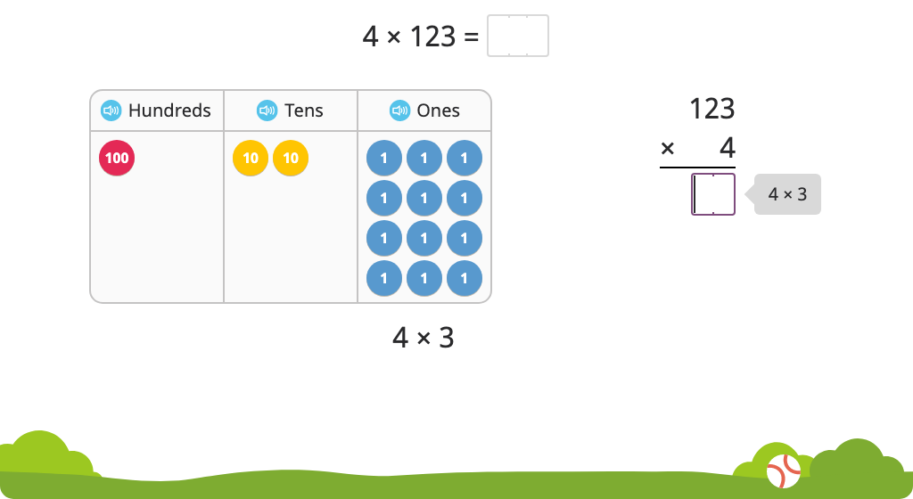 Solve a multiplication equation with regrouping using partial products with and without a disk model