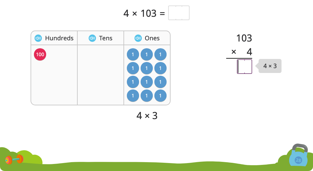 Solve a multiplication equation including a zero using partial products with and without a disk model