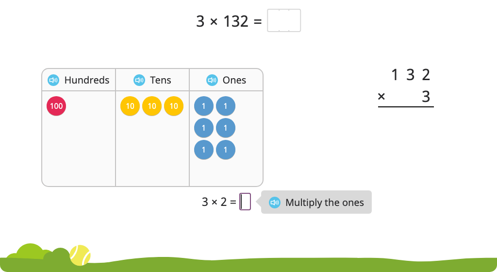 Solve a multiplication equation using the standard algorithm with and without a disk model