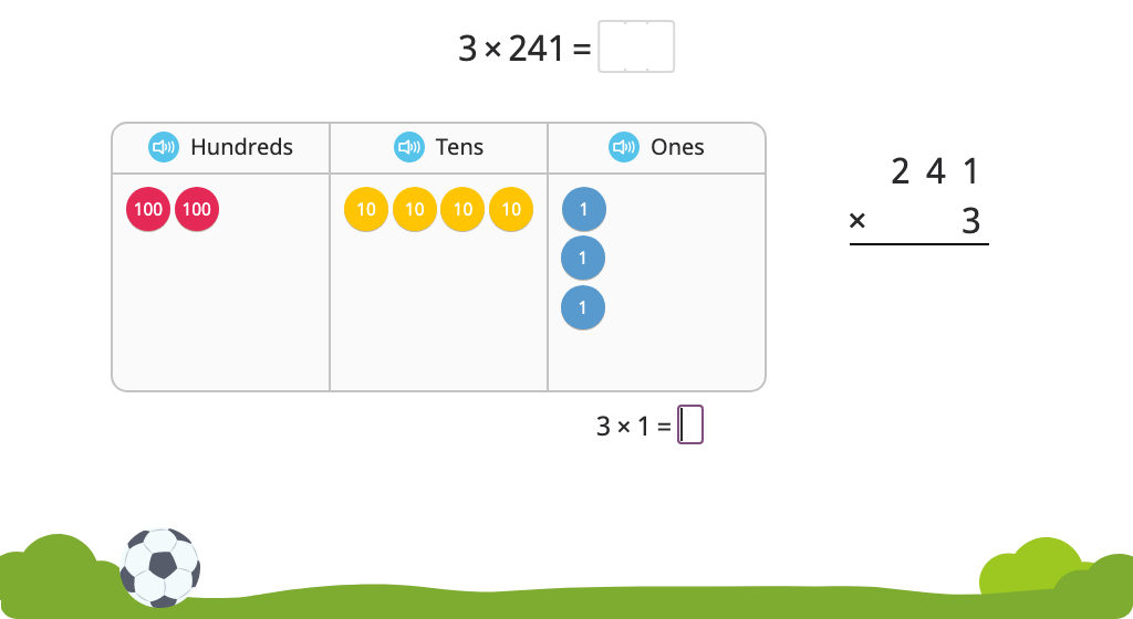 Solve a multiplication equation with regrouping using the standard algorithm using a disk model