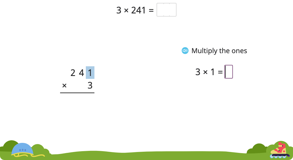 Solve a multiplication equation with regrouping using the standard algorithm (Level 1)