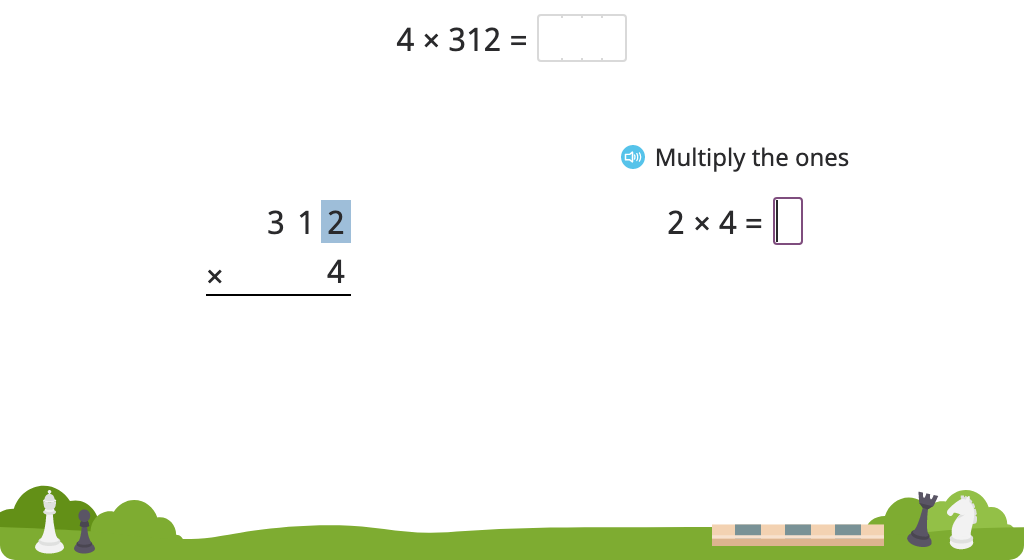 Solve a multiplication equation with regrouping using the standard algorithm (Level 2)