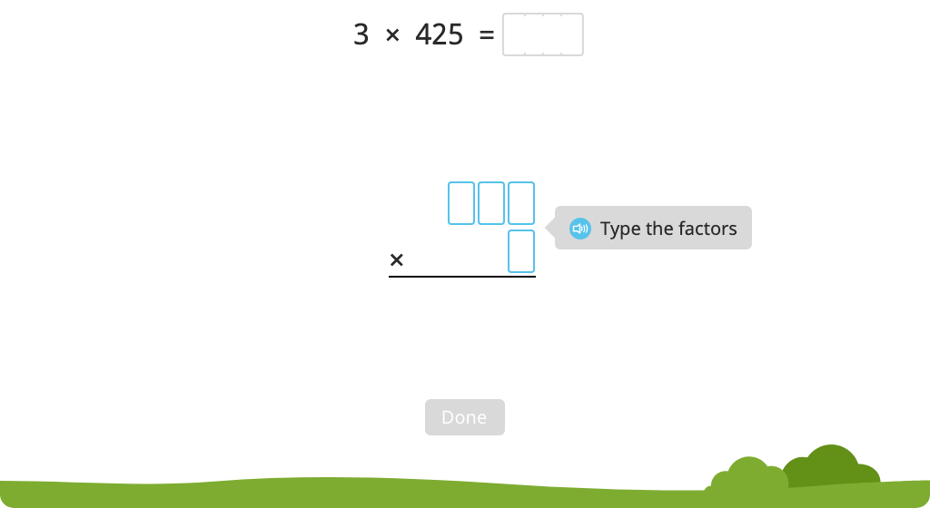 Solve a multiplication equation with regrouping using the standard algorithm (Level 4)