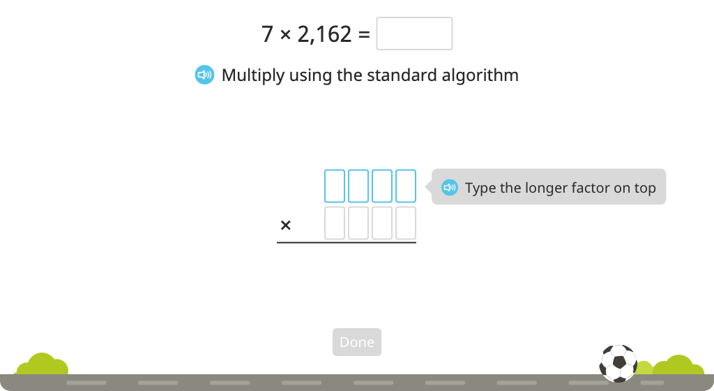 Solve a multiplication equation with regrouping while identifying steps of the standard algorithm