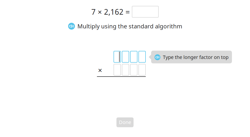 Solve a multiplication equation with regrouping while identifying steps of the standard algorithm