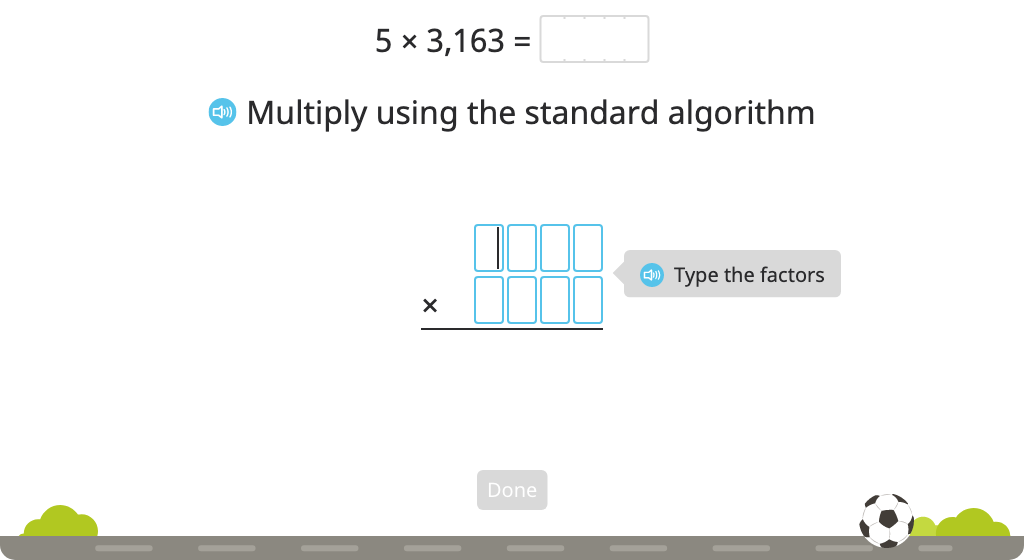 Solve a multiplication equation with regrouping using the standard algorithm (Level 5)