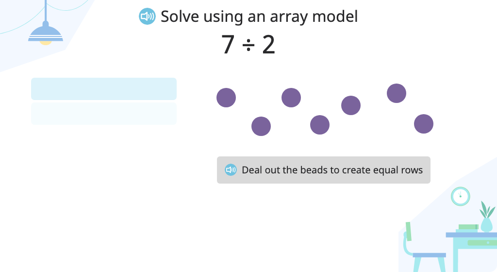 Solve a division problem (number in each group) with a remainder using an array model