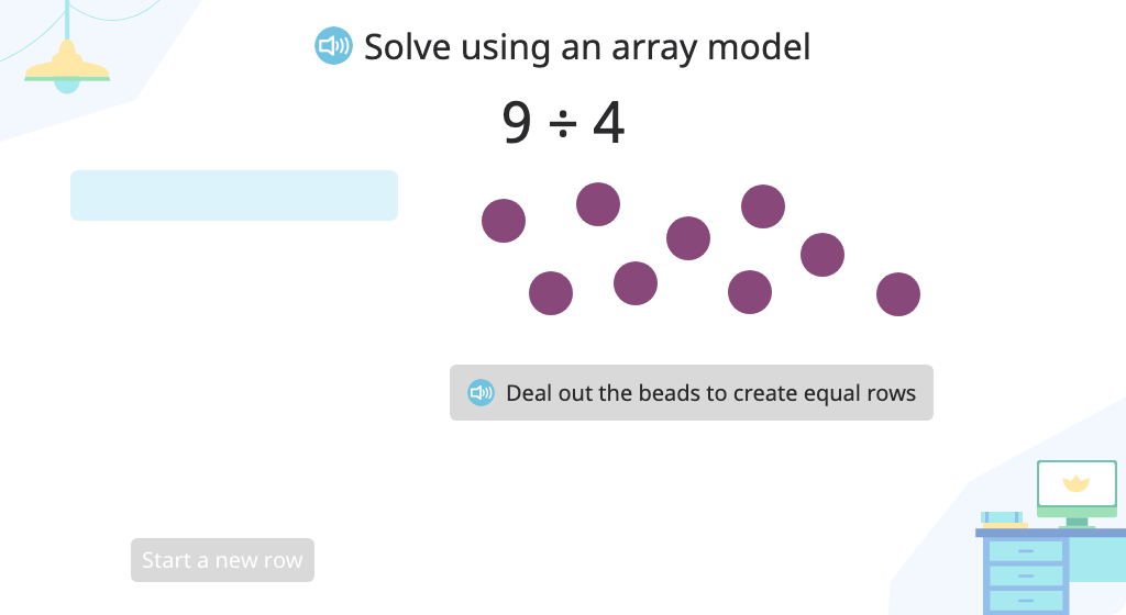 Solve a division problem (number of groups) with a remainder using an array model