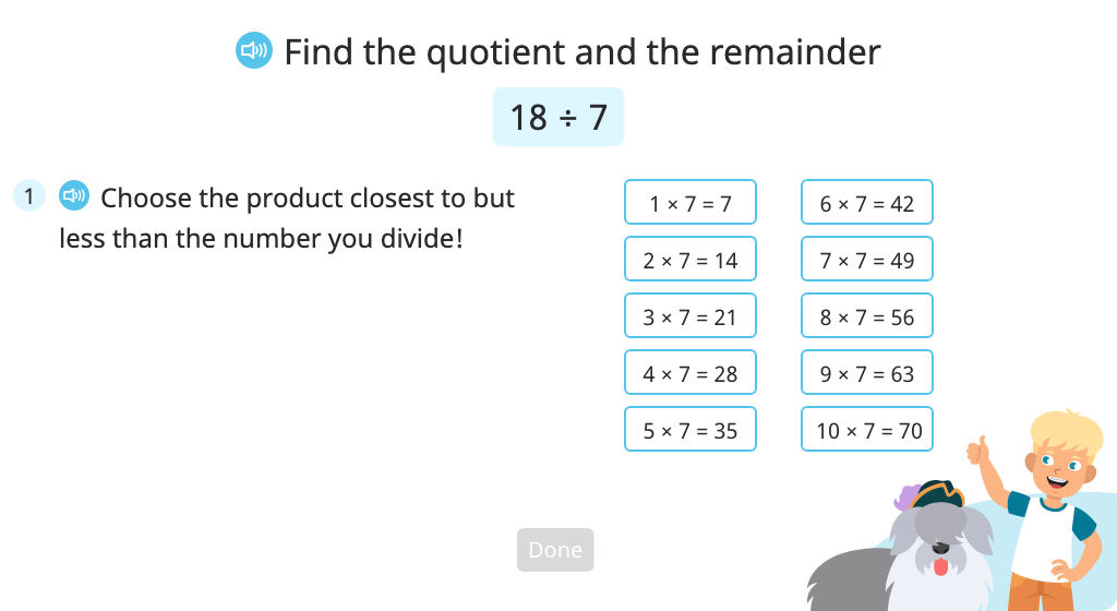 Solve a division problem with a remainder using the closest multiplication fact