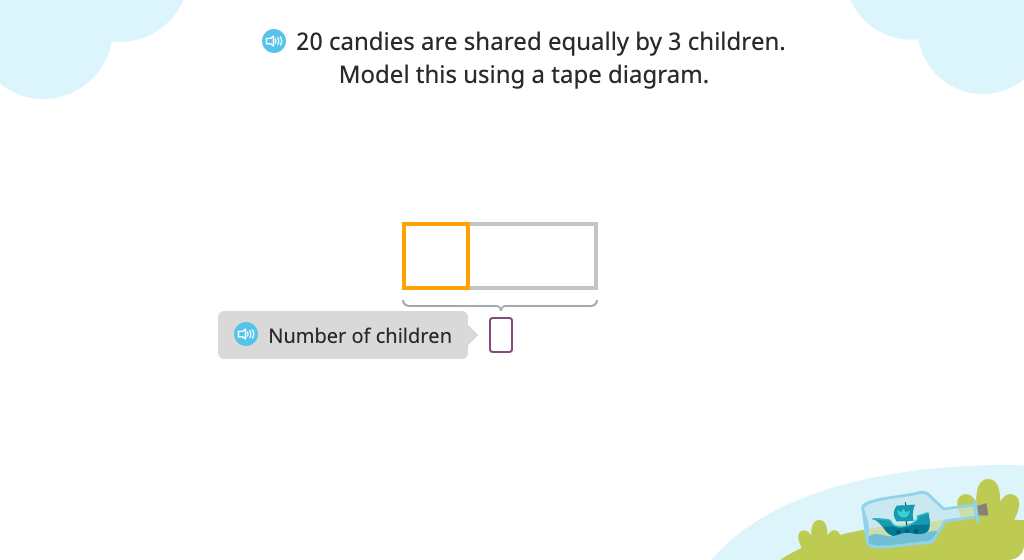 Solve a division word problem (number in each group) with a remainder using a tape diagram and an equation