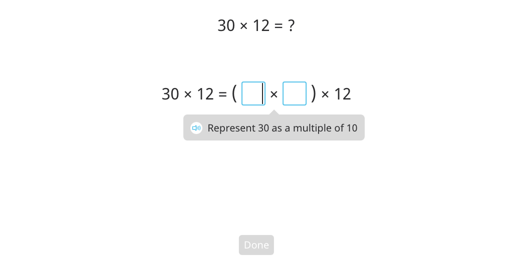 Multiply by splitting a round number into a multiple of 10 and regrouping factors (Level 1)