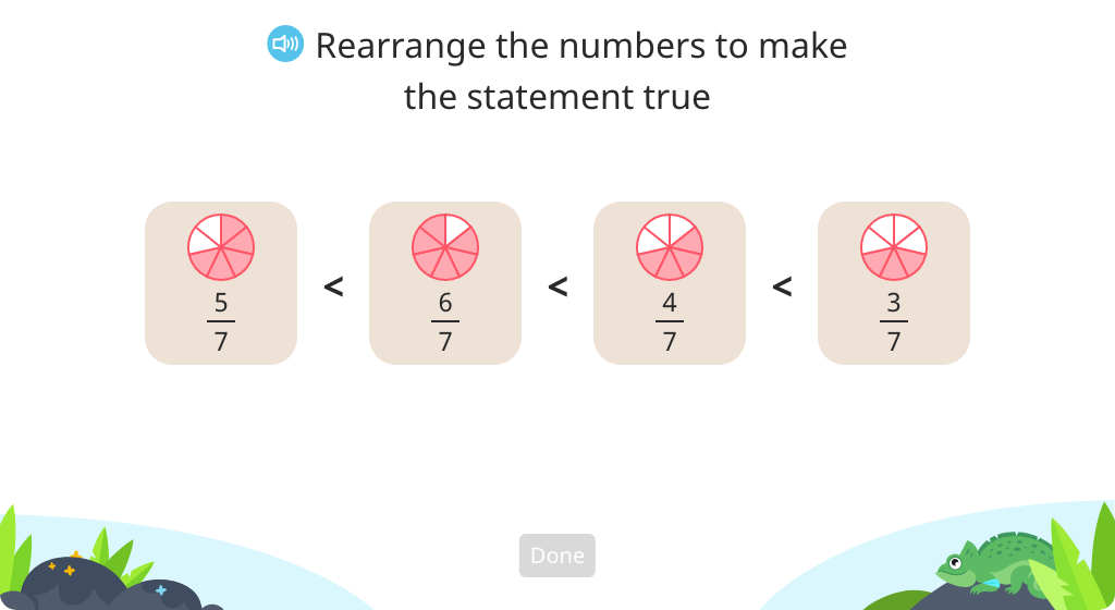 Order four fractions with like denominators or like numerators based on a model