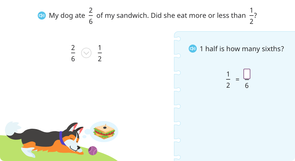 Solve word problems comparing a fraction to 1/2 using an equivalent fraction