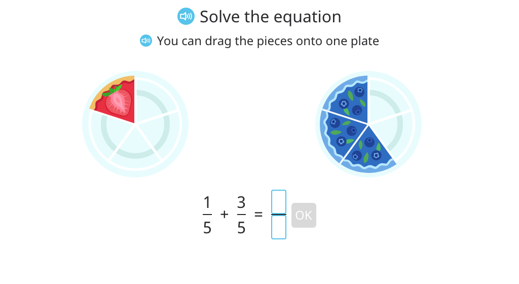 Identify and add fractions with a common denominator based on a model