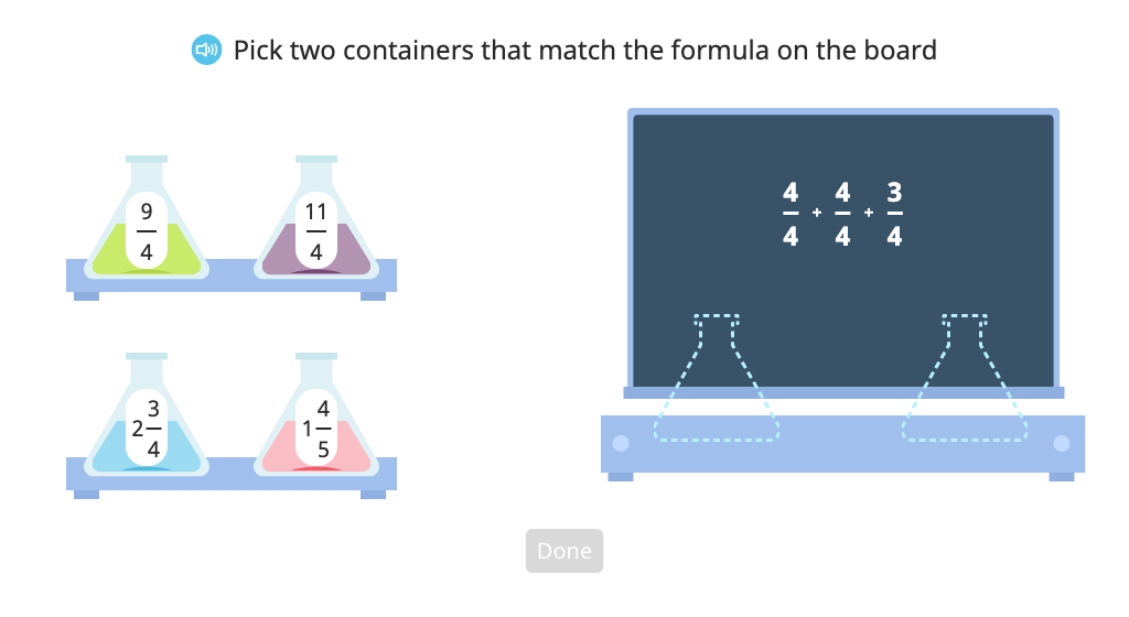 Match fraction addition to a mixed number and a fraction greater than 1