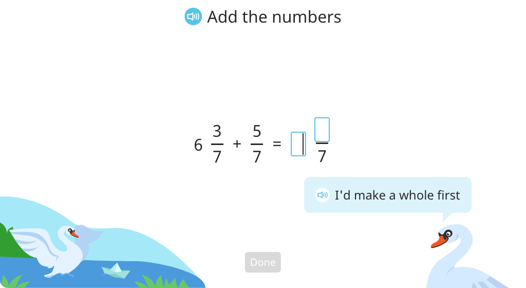 Add a mixed number to a fraction with the same denominator by completing the whole (Level 2)