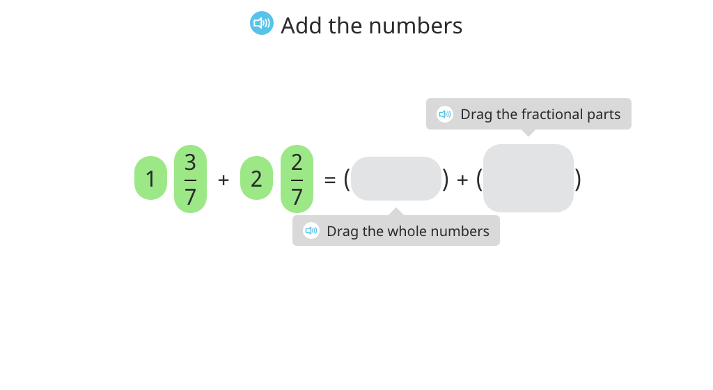 Add two mixed numbers with the same denominator and write the sum without an improper fraction (Level 1)