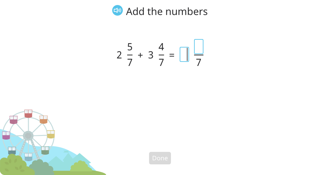 Add two mixed numbers with the same denominator and write the sum without an improper fraction (Level 2)