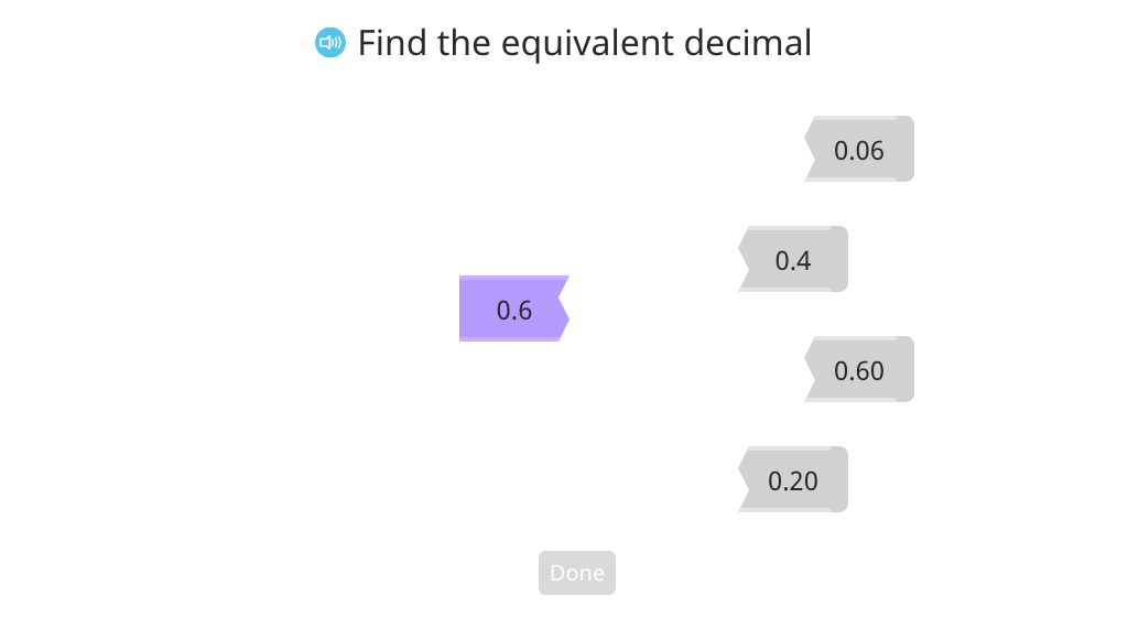 Match equivalent tenths and hundredths in decimal and unit form