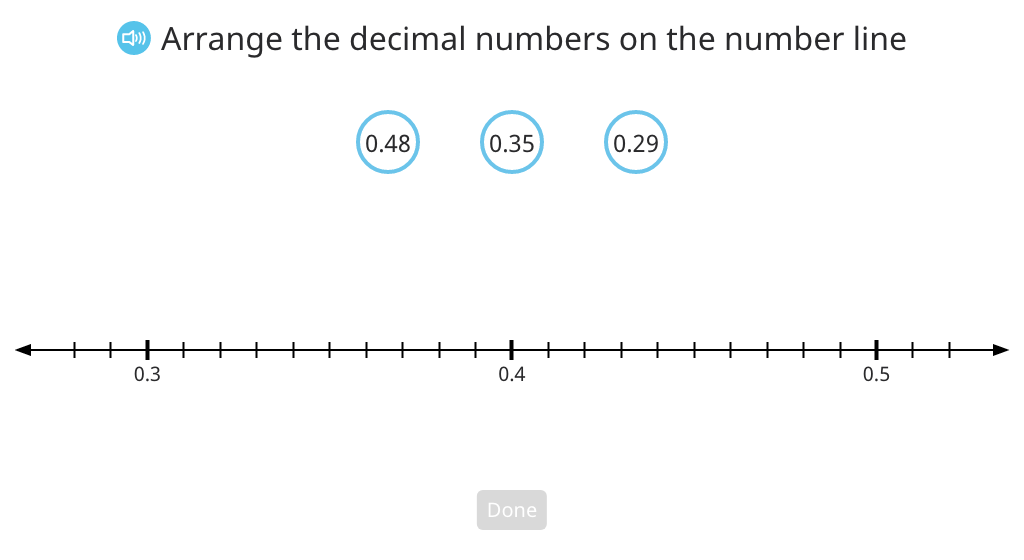 Order decimal numbers in a double inequality statement based on a number line